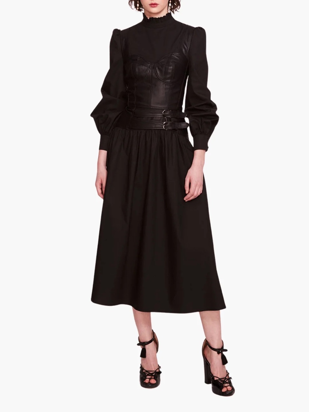 NWT Marchesa Rosa Mix Media Cotton & Faux Leather Midi-dress size 0 Black